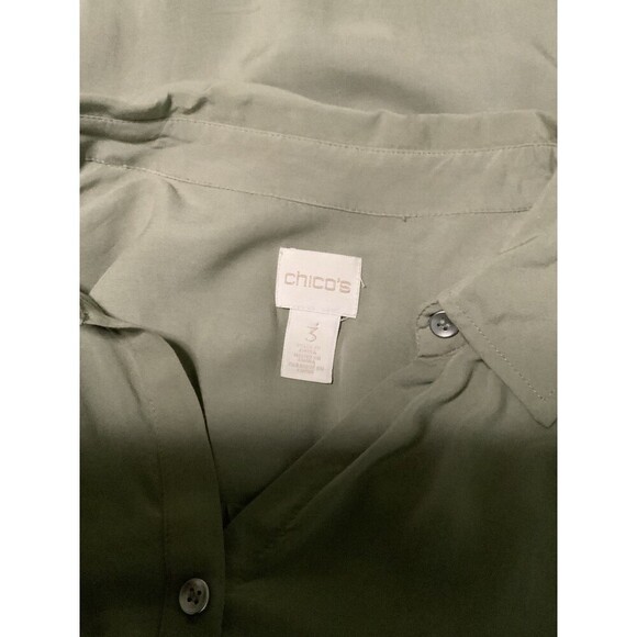Chico’s Women’s 3 US XL Silky Long Sleeve Olive Green Workwear Button Up Blouse - Picture 7 of 12